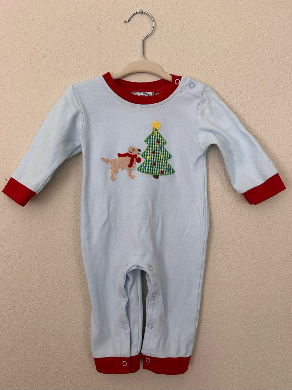 Golden Retriever Appliqué Christmas Romper - Light Blue with Red Trim